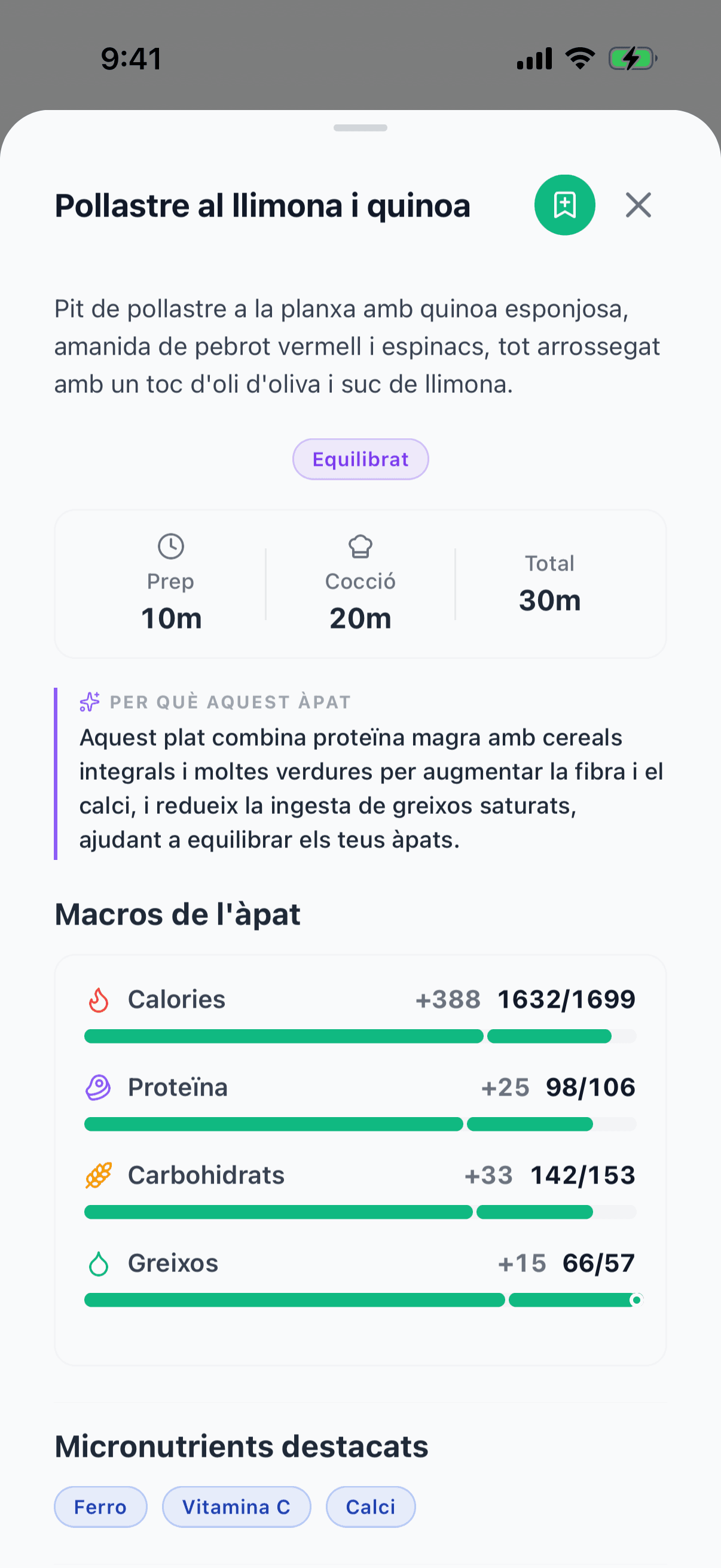 Idea d’àpat a vitaloop: pollastre a la llimona amb quinoa, amb el motiu i els macros que aporta
