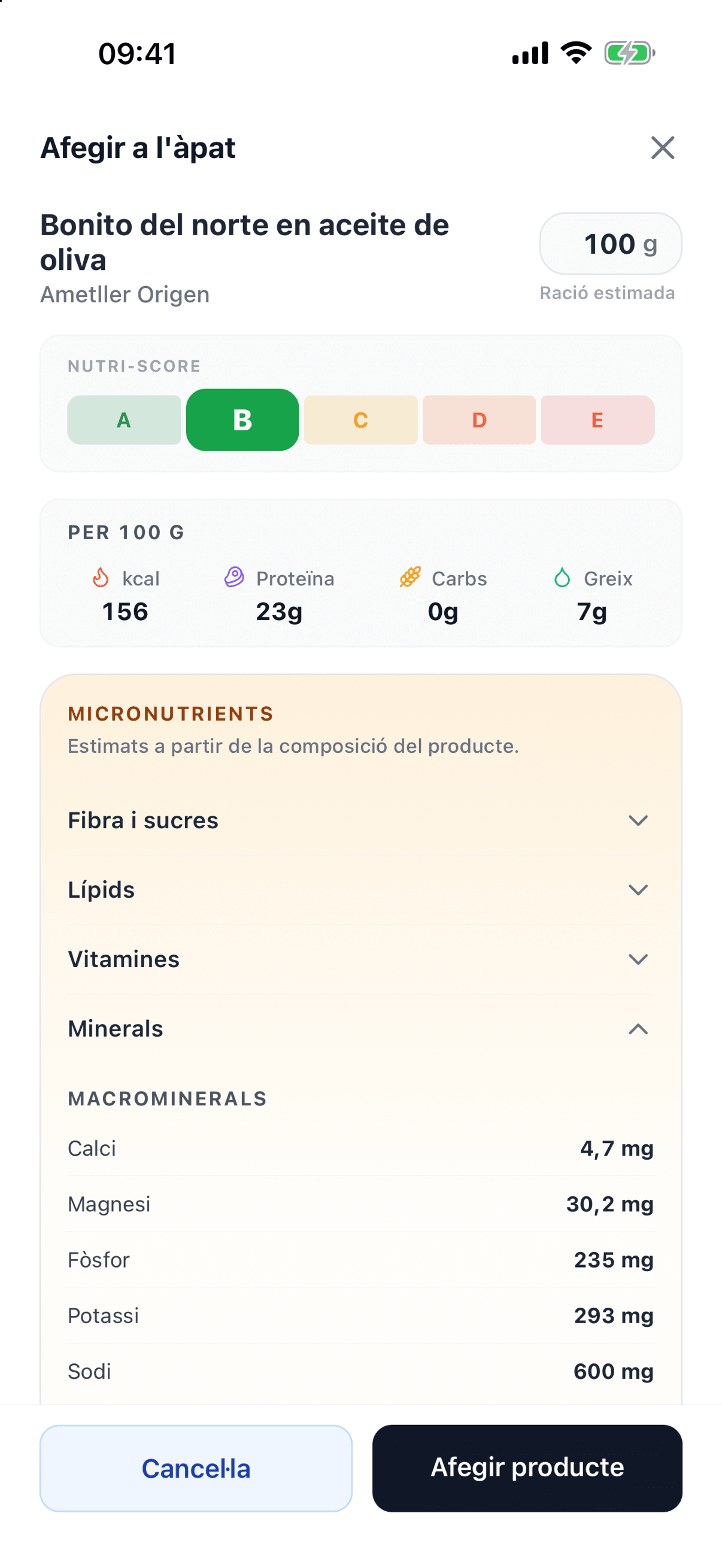 Fitxa de vitaloop d’una tonyina blanca en oli d’oliva: Nutri-Score B; 156 kcal, 23 g de proteïna, 0 g d’hidrats i 7 g de greix per 100 g; i micronutrients estimats amb calci, magnesi, fòsfor, potassi i sodi