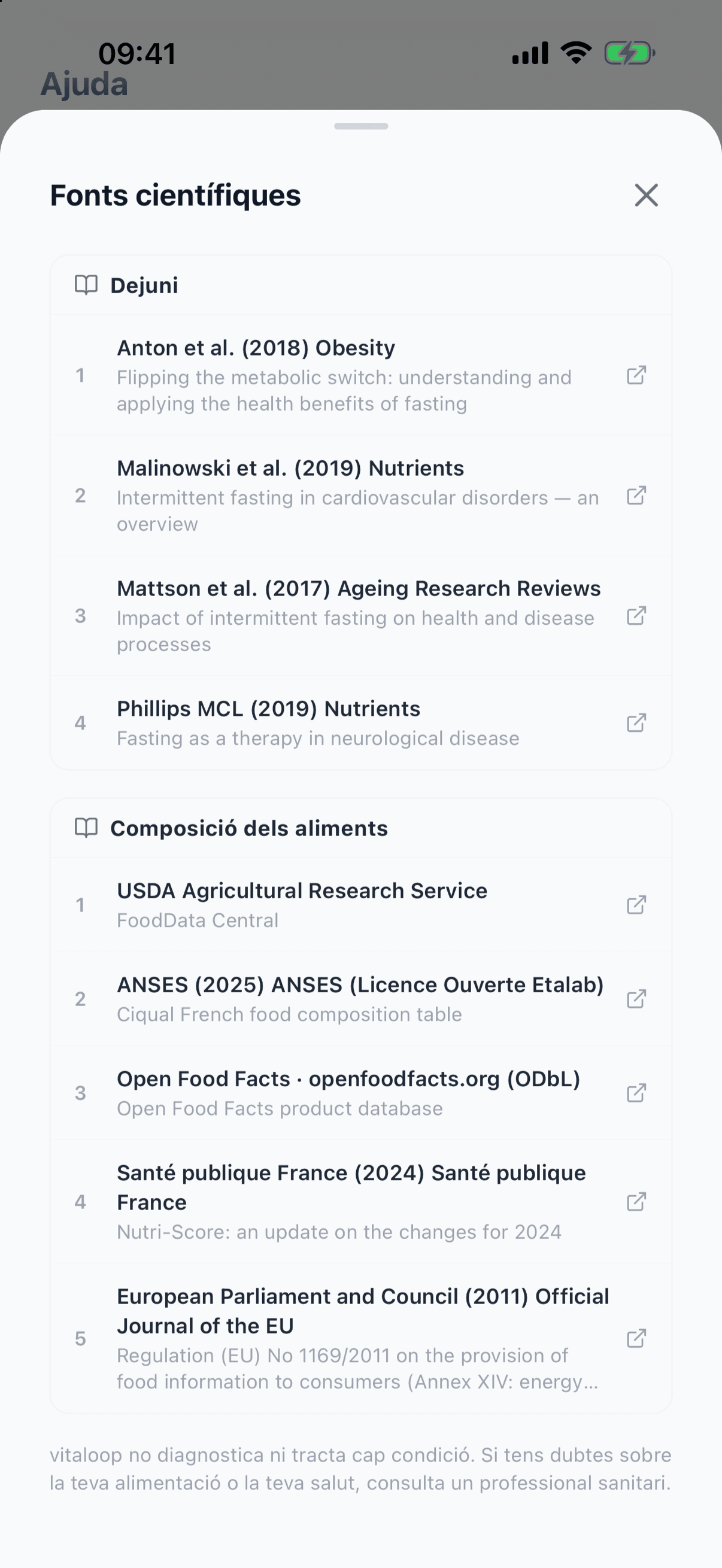 Full «Fonts científiques» de vitaloop: grup «Dejuni» amb quatre estudis i grup «Composició dels aliments» amb USDA FoodData Central, ANSES-CIQUAL 2025, Open Food Facts, Santé publique France (Nutri-Score) i el Reglament (UE) 1169/2011
