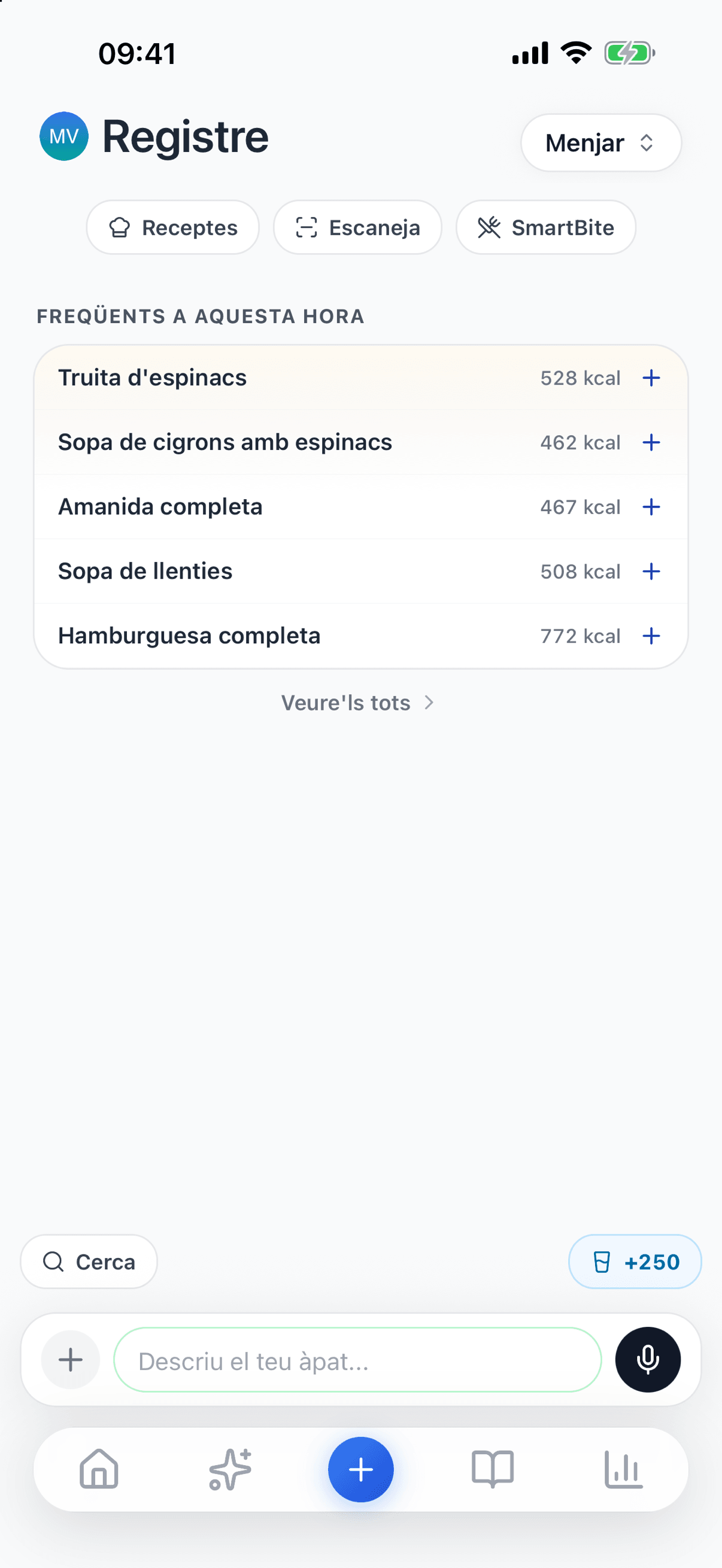 Pantalla Registre de vitaloop amb el botó d’aigua, «+250», al costat de Cerca