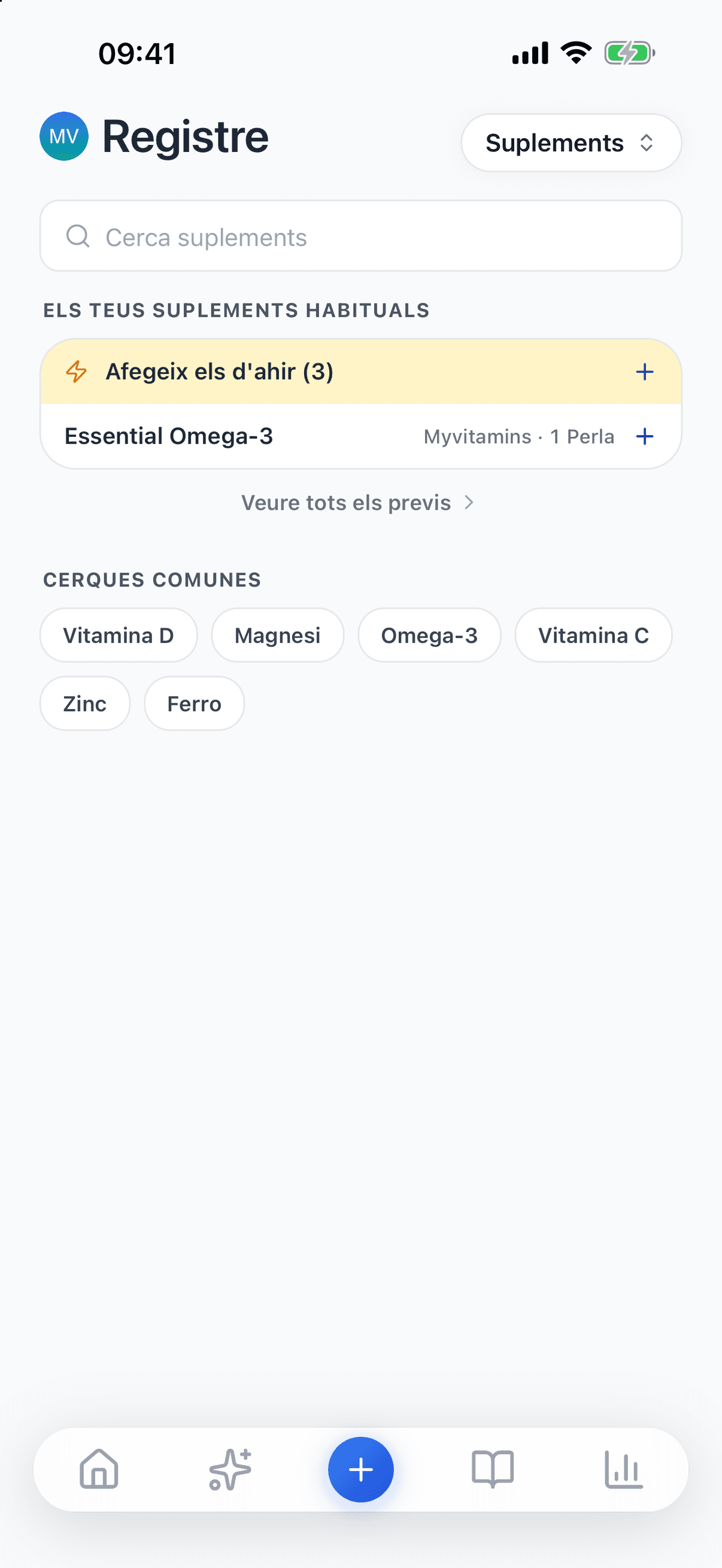 Pantalla de suplements: el cercador, el botó «Afegeix els d'ahir», un omega-3 entre els suplements habituals i les cerques comunes