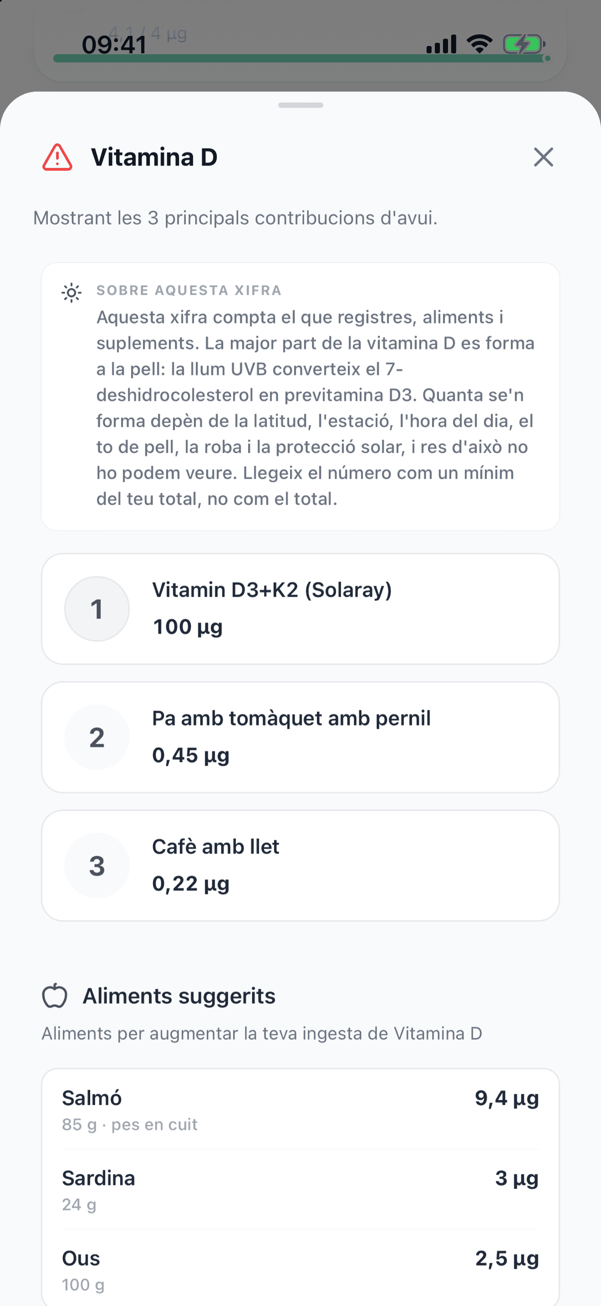 Fitxa de la vitamina D: una nota que explica que la major part es forma a la pell amb la llum del sol, les tres aportacions principals del dia, amb un suplement de D3+K2 en primer lloc, i aliments suggerits com el salmó, la sardina i els ous