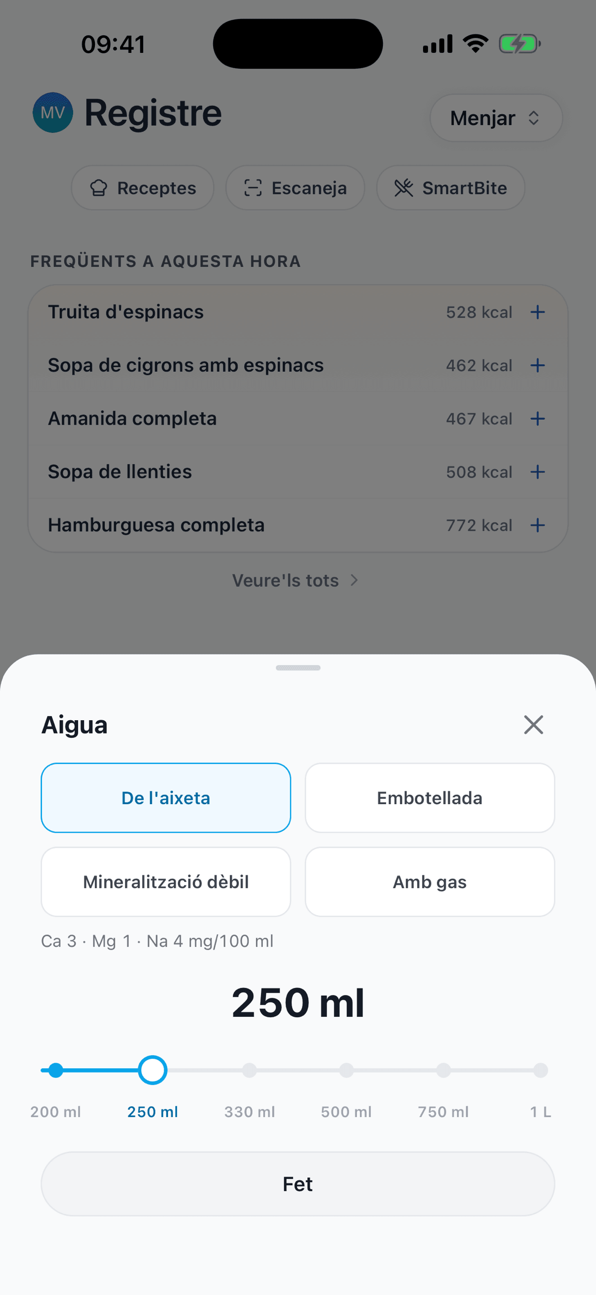 Full «Aigua» amb «De l’aixeta» triada, el seu calci, magnesi i sodi per 100 ml i 250 ml per toc