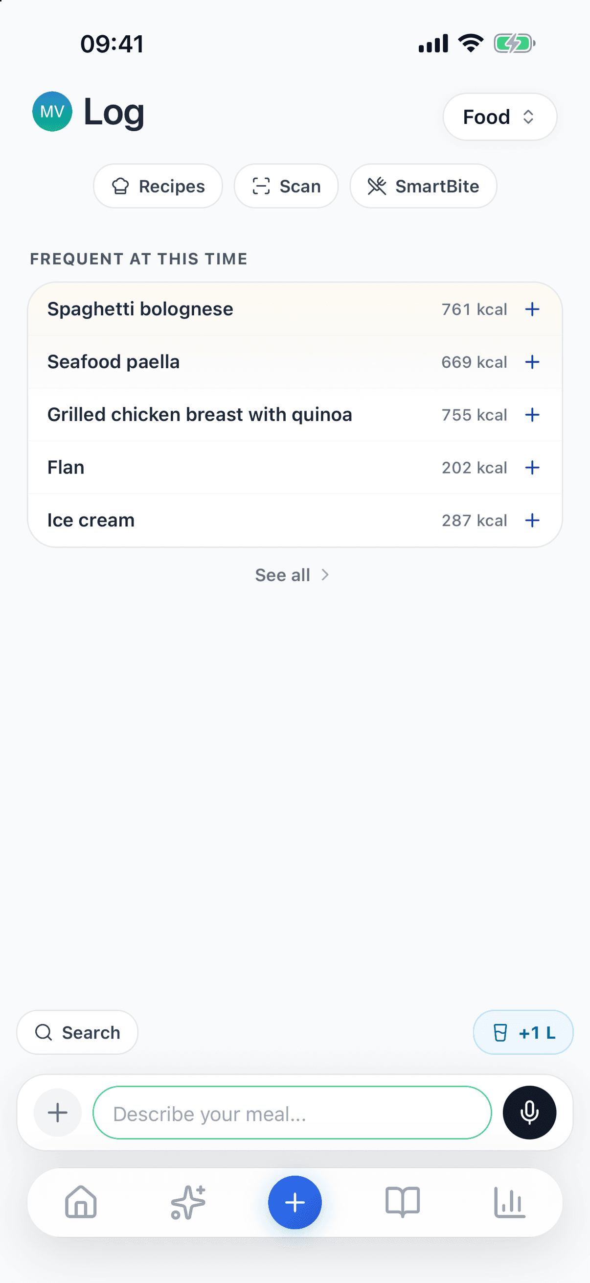 Log screen with recipes, barcode scanner, the meals you often log at this hour and search