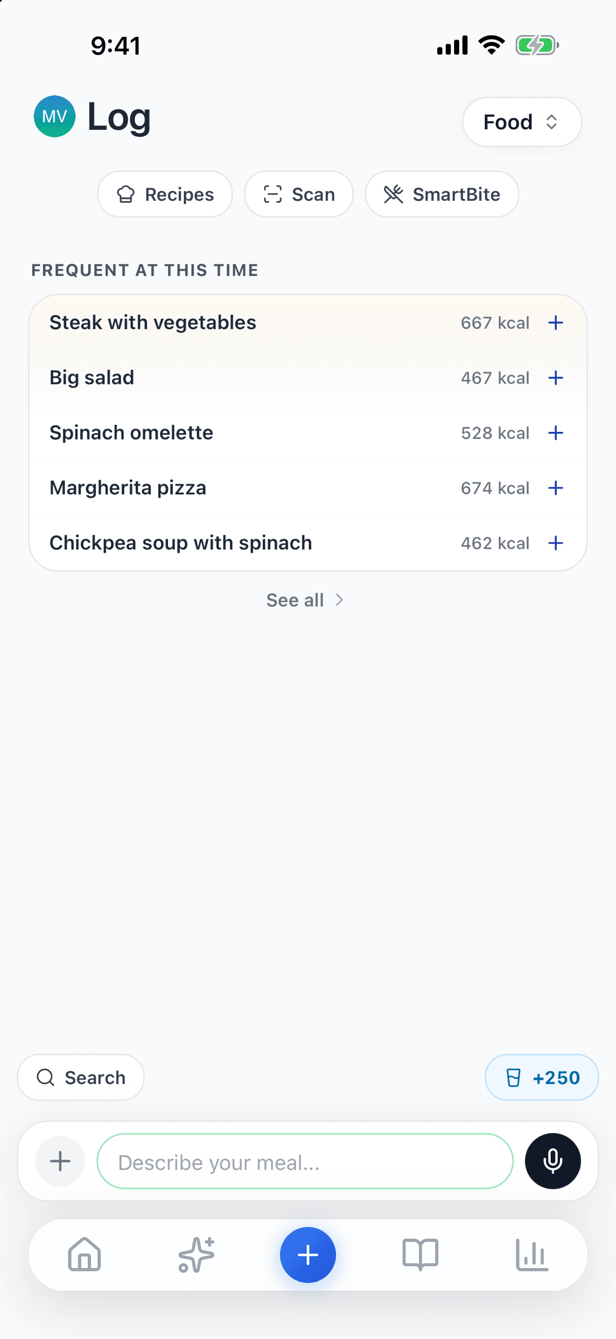 vitaloop’s Log screen with the water button, “+250”, next to Search