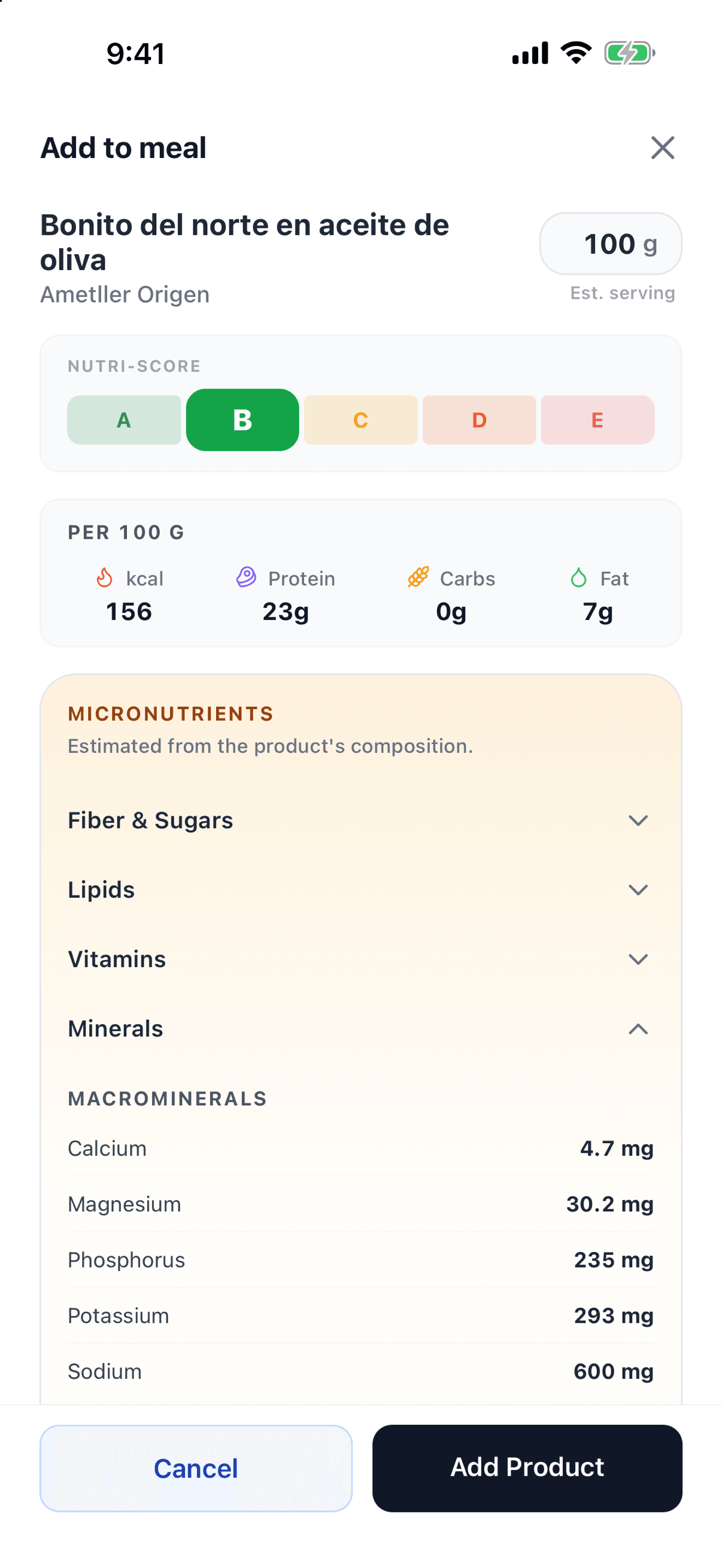 vitaloop's sheet for albacore tuna in olive oil: Nutri-Score B; 156 kcal, 23 g protein, 0 g carbs and 7 g fat per 100 g; and estimated micronutrients showing calcium, magnesium, phosphorus, potassium and sodium