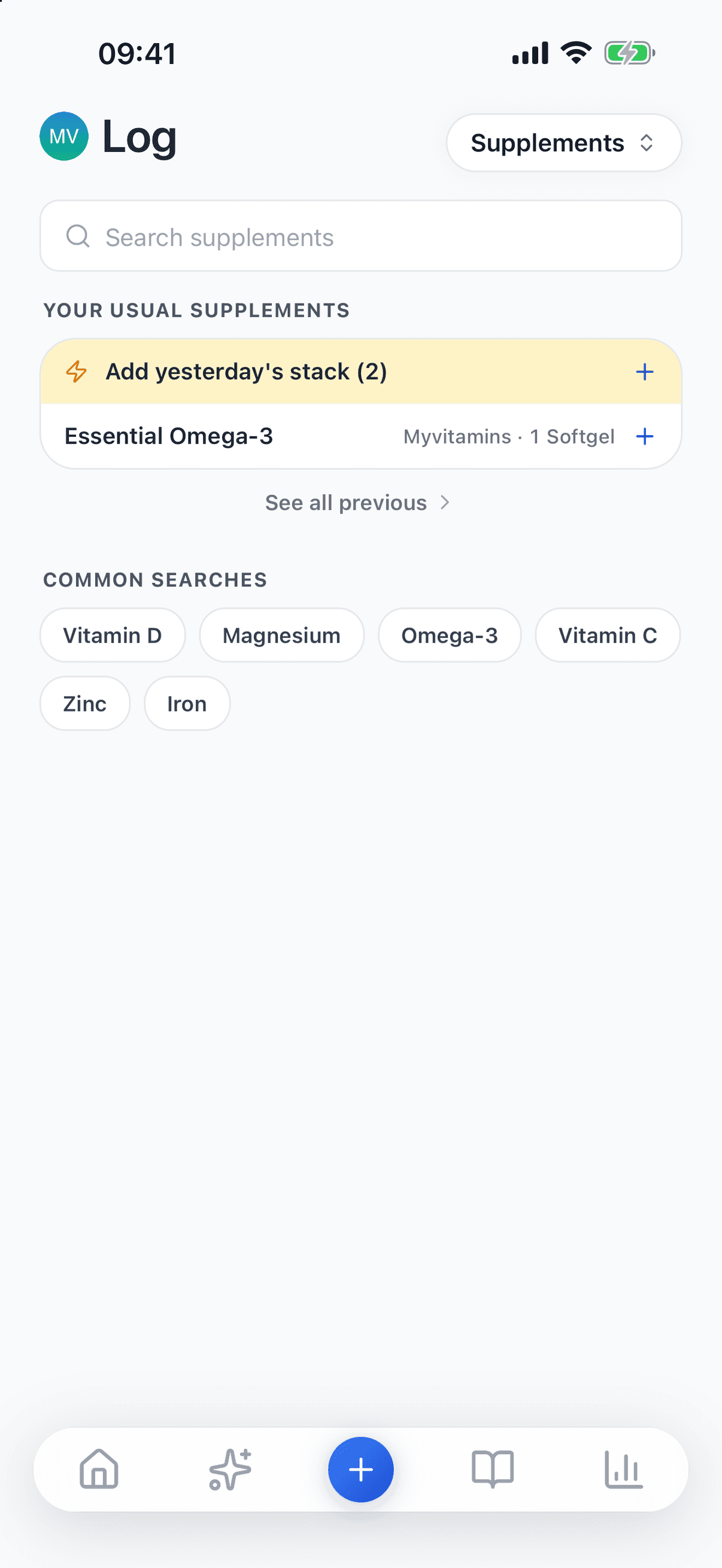 Supplements screen: the search box, the “Add yesterday's stack” button, an omega-3 among your usual supplements, and common searches