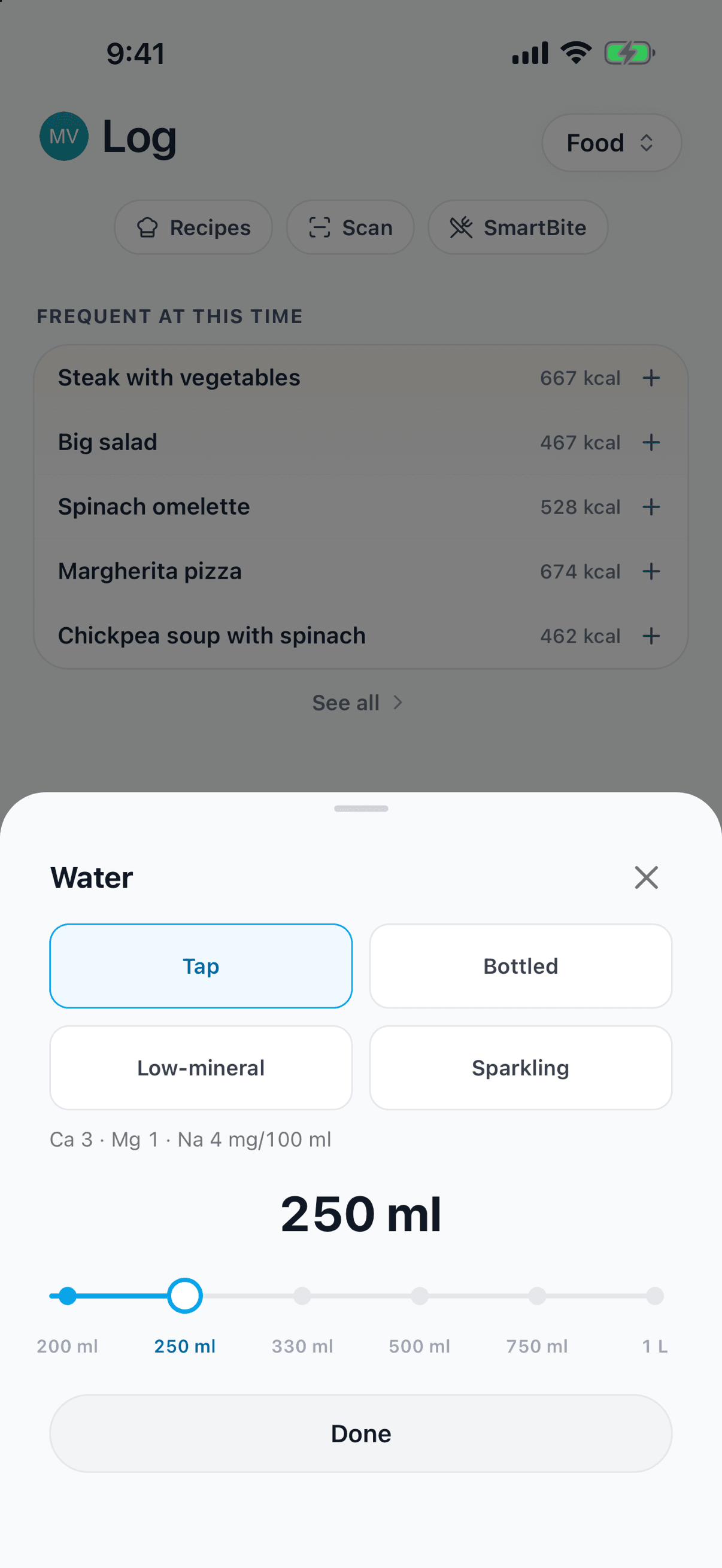 The Water sheet with Tap selected, its calcium, magnesium and sodium per 100 ml, and 250 ml per tap