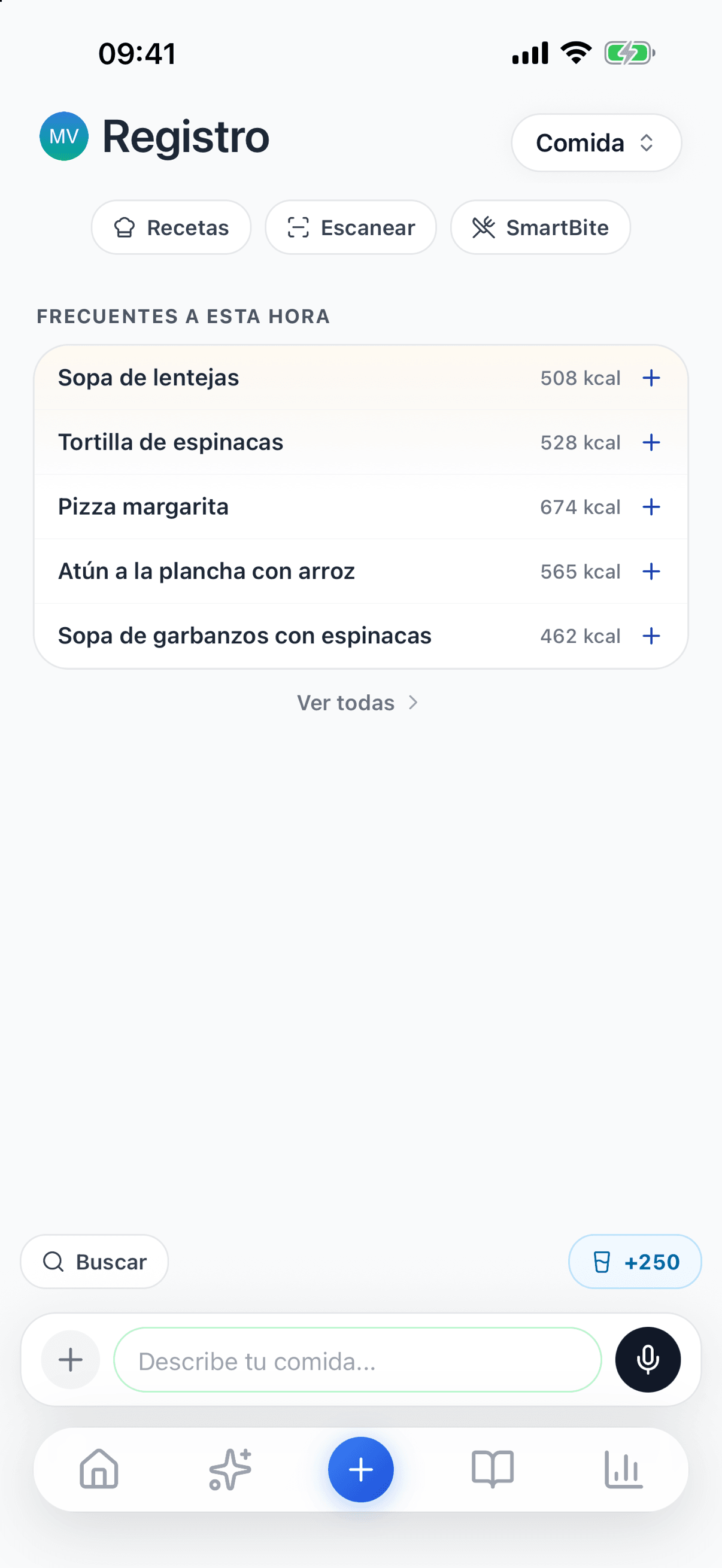 Pantalla Registro de vitaloop con el botón de agua, «+250», junto a Buscar