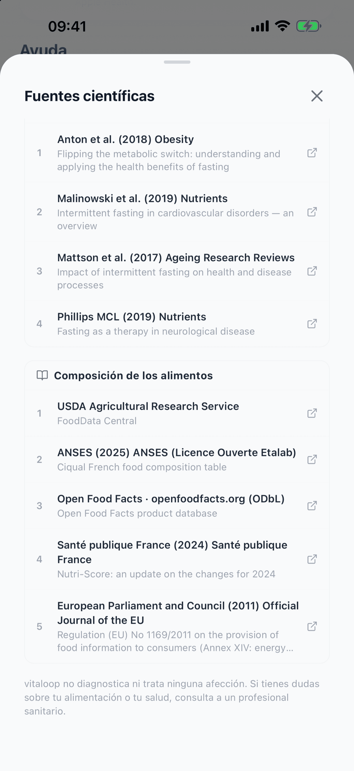 Hoja «Fuentes científicas» de vitaloop: final de los estudios sobre ayuno intermitente y grupo «Composición de los alimentos» con USDA FoodData Central, ANSES-CIQUAL 2025, Open Food Facts, Santé publique France (Nutri-Score) y el Reglamento (UE) 1169/2011