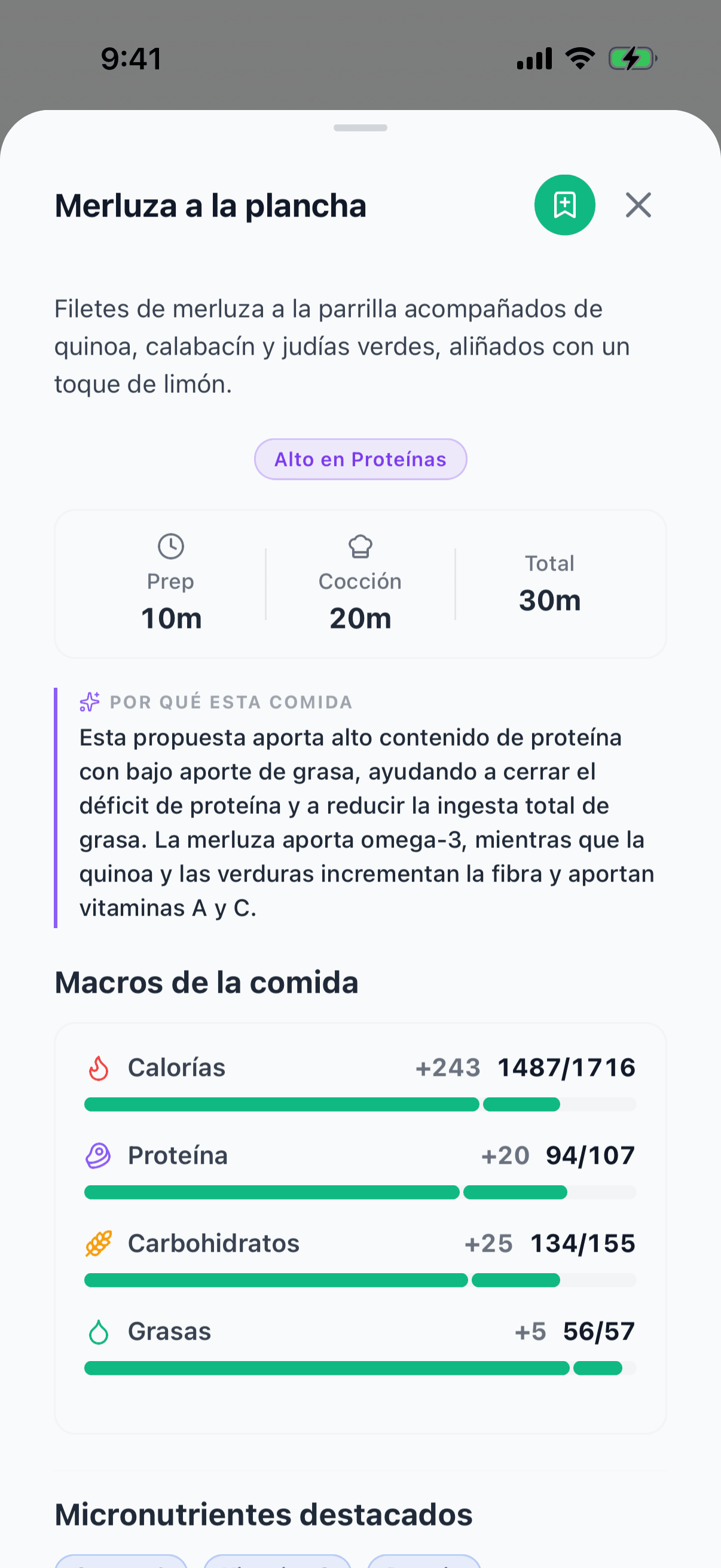 Captura — Detalle de sugerencia de comida