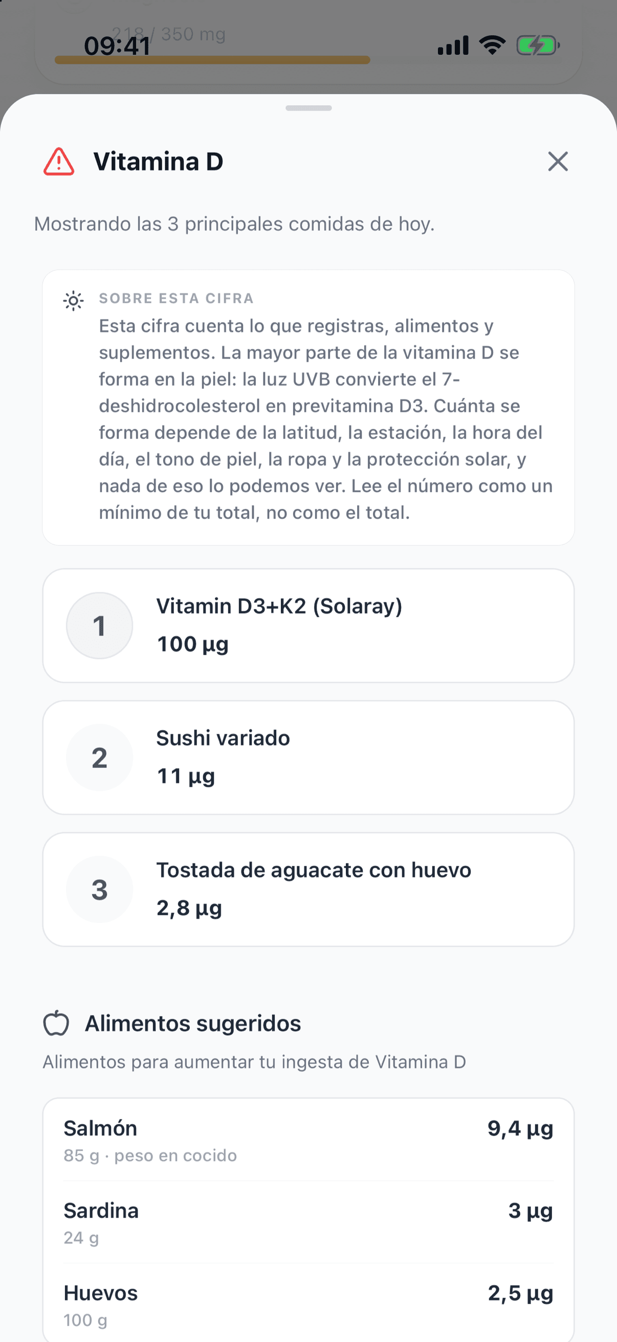 Ficha de la vitamina D: una nota que explica que la mayor parte se forma en la piel con la luz del sol, las tres principales aportaciones del día, con un suplemento de D3+K2 en primer lugar, y alimentos sugeridos como salmón, sardina y huevos