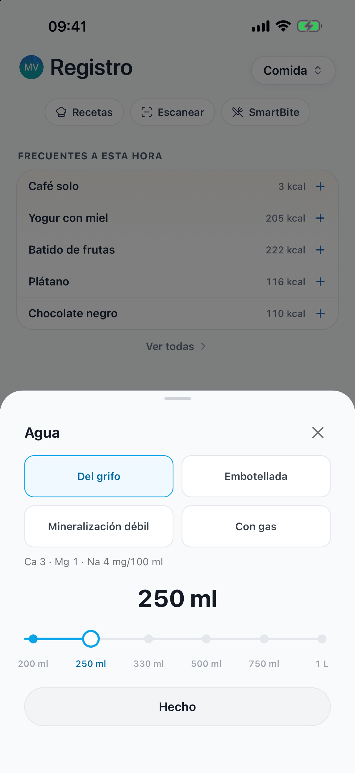Hoja «Agua» con «Del grifo» elegida, su calcio, magnesio y sodio por 100 ml y 250 ml por toque